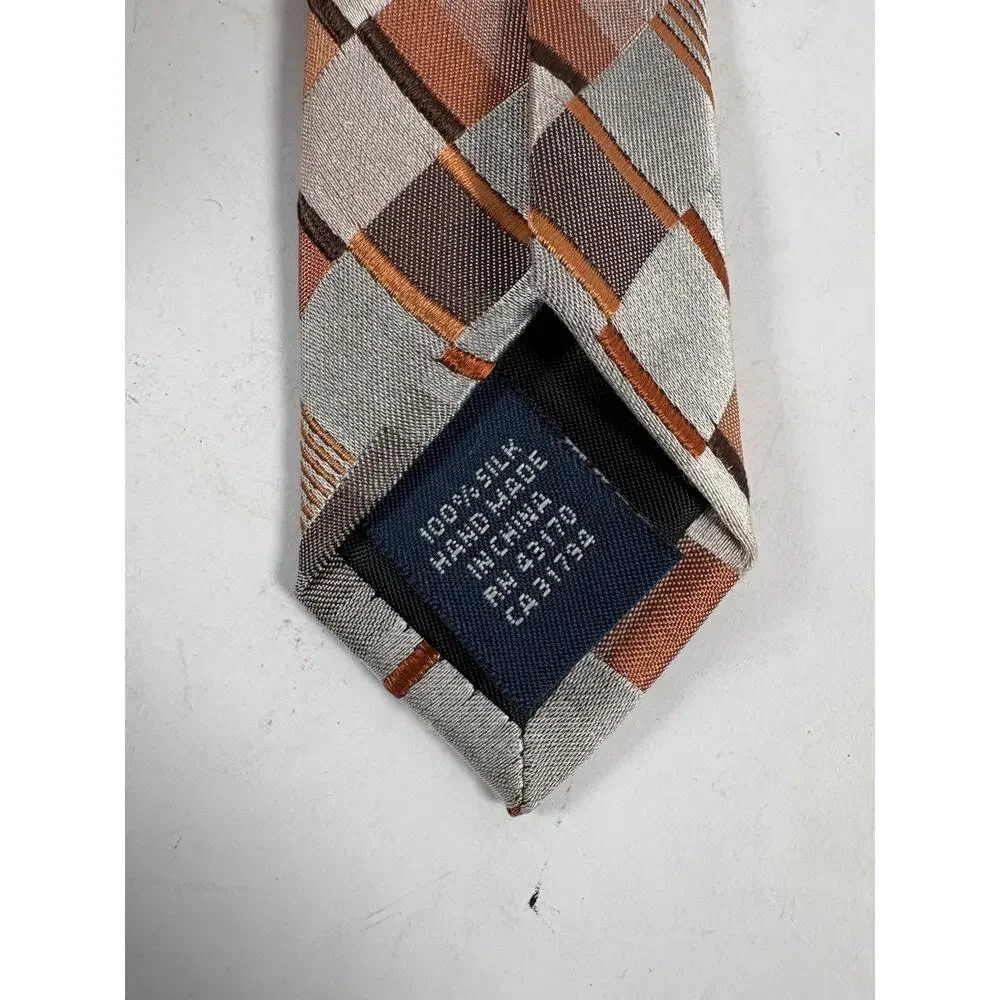 John Ashford Silk Blend Geometric Plaid Neck Tie Tan Gray Brown Stain Resistant